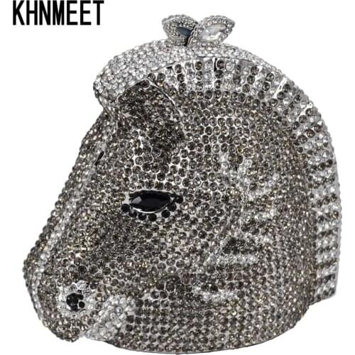 Hollow out Luxury crystal bag horse head Evening Bag Burgundy Diamond Wine banquet Bag Rhinestone Bride Purse Women Handbag 026