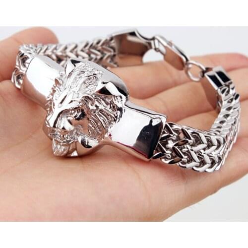 15mm*8.66" New Arrive Punk Silver Color Jewelry Mens Figaro Link Chain Bracelet Stainless Steel Lion Head Cuff Bangle Gift
