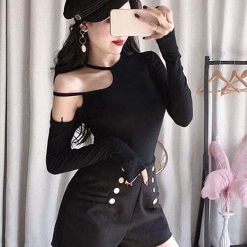 Sexy Off Shoulder Asymmetric Womens T-shirts Tops Female Slim Long Sleeve Fashion Summer Tshirt