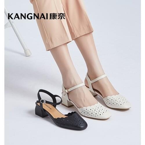 KANGNAI Sandals Women Shoes Med Heels Hollow Out Pumps Fashion Square Toe Buckle Slingbacks Summer Ladies Dress Party Shoes