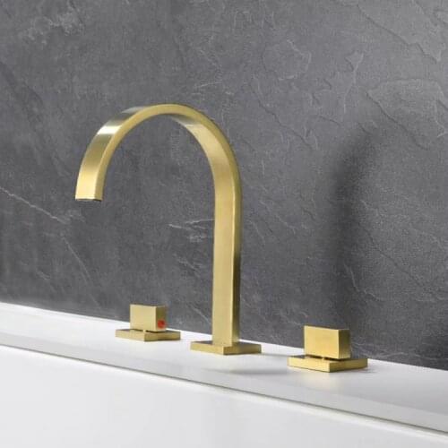 Brushed Gold Solid brass Three Holes Widespread Bathroom Sink Square Faucet New Hot and cold luxury Basin Mixer Tap