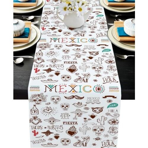 Mexican Skull Ct Cartoon Cactus Table Runner Home Kitchen Dining Table Decor Tablecloth and Placemats Wedding Table Decor