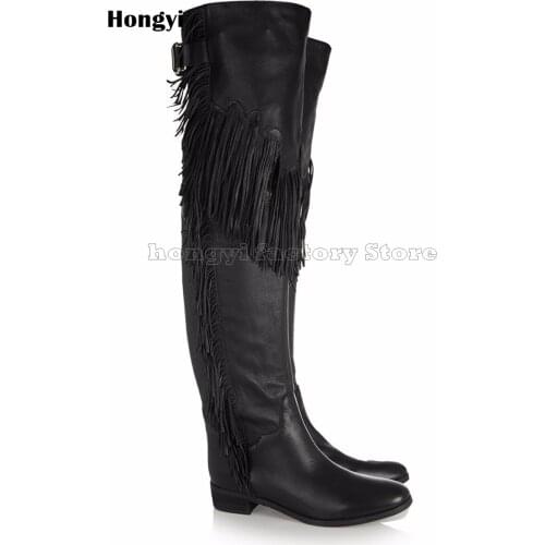 Fashion Winer Black PU Leather Back Buckle Tassel Fringe Low Heeled Boots Women Round Toe Thigh High Long Boot