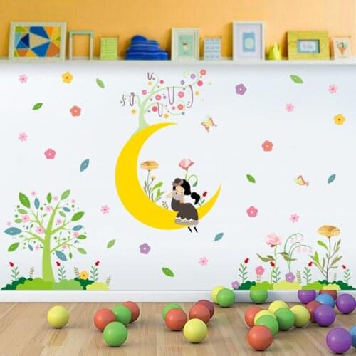 Cartoon Girl on the Moon Tree Flowers Wall Stickers Kids Girls Infant Room Nursery Decor Wallpaper Poster Art Decorative Decals