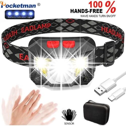 35000LM Pocketman High Lumen Body Motion Sensor Headlamp Hands-free Head Light Induction Headlight USB Rechargeable Head Lamp