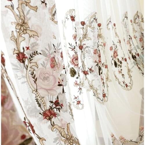 New Embroidery European Curtains Red Big Flower American Villa Curtains Living Room Balcony Bedroom Embroidered White Curtains