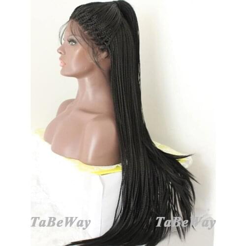 TaBeWay Long Braided Lace Front Wigs Black Color Micro Braids With Baby Hair Heat Resistant Synthetic Lace Front Wigs for Women