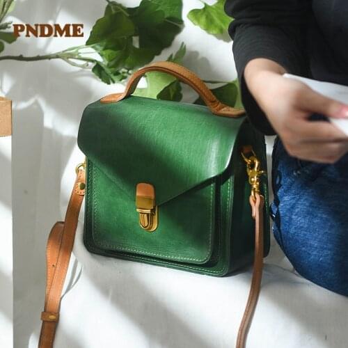 PNDME retro luxury Genuine leather small square bag daily fashion casual natural real cowhide cute lock shoulder handbag