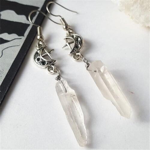 Transparent Quartz Moon Earrings-Boho, Witchy, Natural Gemstones, Esoteric, Celestial Jewelry, Fashionable Womens Earrings