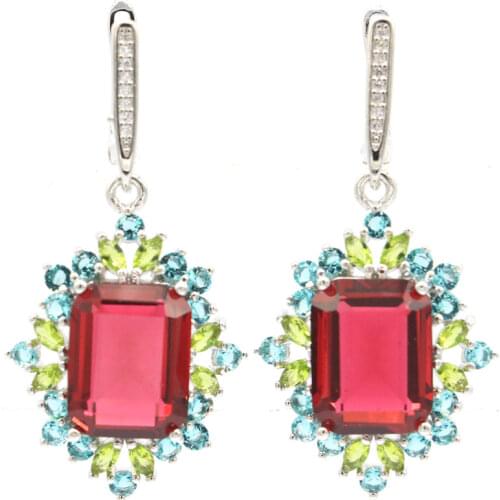 45x23mm Big European Design 9.2g Created Rhodolite Garnet London Blue Topaz CZ Women Dating Silver Earrings