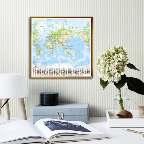 60*60 Cm The World Topography Map with National Flags Small Poster Canvas Painting Living Room Home Decoration School Supplies