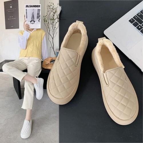 ZEEKSON Casual Single Shoes Womens Cotton Shoes Shallow Mouth Flat Heel Womens Shoes Plus Cashmere Peas Shoes Student Loafer