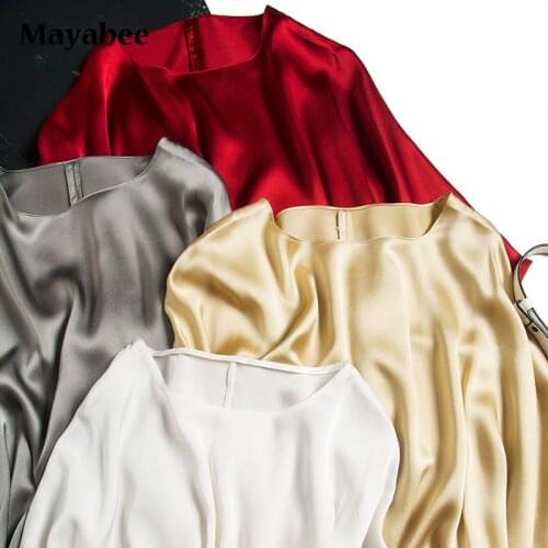 Heavy Satin Mulberry Silk Womens Top T-Shirt 2021 Spring And Summer New Product Three-Quarter Sleeves Silky Loose Fashion