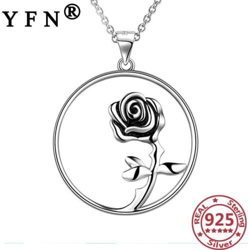 YFN 925 Sterling Silver Rose Necklace Circle Rose Pendant Necklace 925 Silver Chain Womens Jewelry Mothers Day Gift Moms Gift