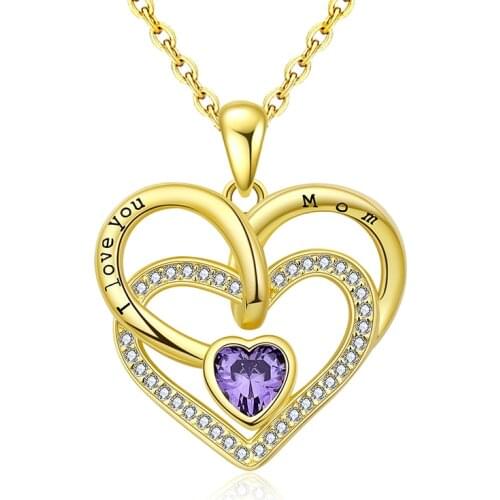 925 Sterling Silver Double Heart Pendant Chains Purple Cubic Zirconia Love Mom Necklaces for Women Fine Jewelry Birthdays Gift