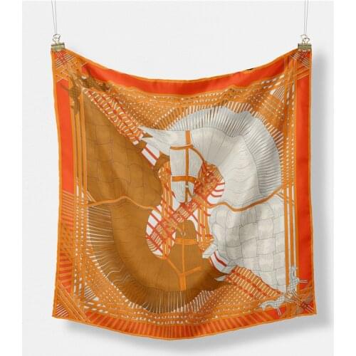 Twill Silk Scarf Woman Double Horse Print Square Scarves Wraps Bandana Small Hijab Foulards Lady Tie Headband Neckerchief 53CM