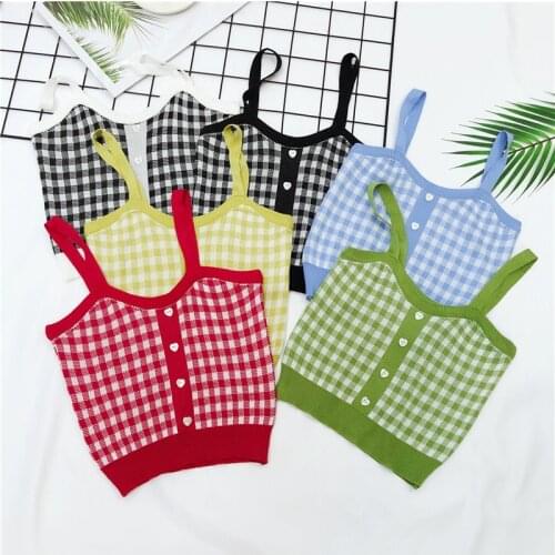 Women Knitting Plaid Buttons Cropped Camisole Tops Girls Knitted Sweet Chic Tee shirts Camis crop Top for Female