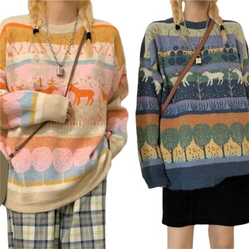 Women Vintage Loose Knit Sweater Color Block Animal Print Long Sleeve Round Neck Pullover Casual Knitting Pullover Top