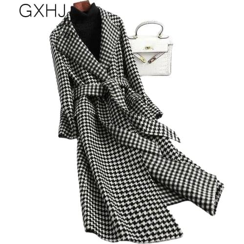 Women long wool coat Houndstooth lattice Women Elegant Long Sleeve Chic Outerwear Ladies Overcoat Autumn Winter 2021