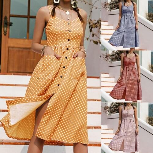 Women Summer Sleeveless Bodycon Dot Print Mid-length Sleeveless Single-breasted Midi Dress Beachwear for Daily Life