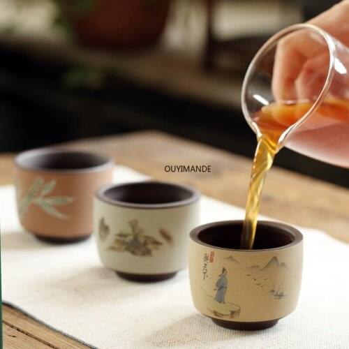 100ml Chinese Retro Style Purple Clay Ceramic Teacup Small and Large Coffee Cups Tea Set Chinese Coarse Pottery