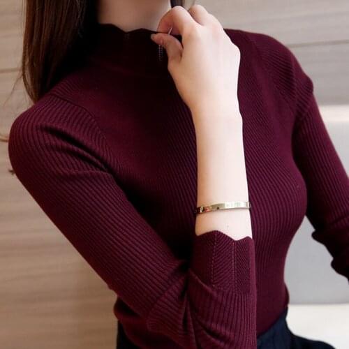 2020 Korean Fashion Women Sweaters and Pullovers Sueter Mujer Ruffled Sleeve Turtleneck Solid Slim Sexy Elastic Women Tops