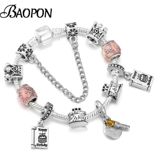 Happy Birthday Beads Pendant Charm Bracelet & Bangle For Women With Silver Color Snake Chain Bracelet Girl Birthday Jewelry Gift