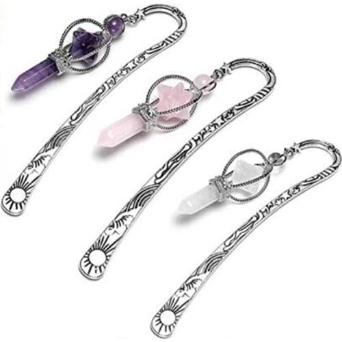KFT Natural Stone Pendant Metal Bookmark Healing Crystal Merkaba Chakra Reiki Stone Pendant Metal Bookmark