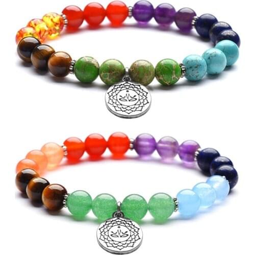 Druzy 6PC Colorful Energy Stone Yoga Seven Chakra Bracelet Natural Red Agates Amethysts Tiger Eye Stone Buddhist Lotus Bracelet