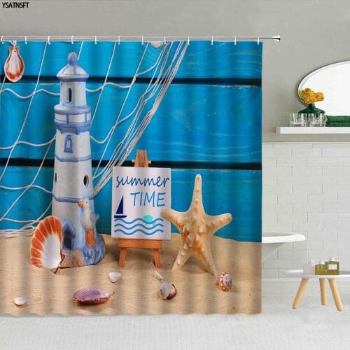Creative Beach Starfish Shell Shower Curtain Blue Wooden Board Landscape Bathroom Supplies Fabric Hanging Curtains Home Decor
