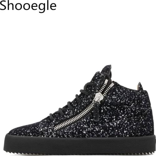 Bling Sequins Men Casual Shoes Black Lace Up Sneaker Top Zipper Glitters Flat Thick Bottom Creepers Zapatillas Hombre Shoes
