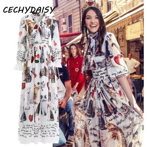 Runway Dress 2021 Summer Fashion High Street Cat Printed Designer Brand Chifon Party Night Dinner Traf Maxi Dresses Y2k Vestidos