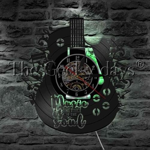 Muisc Is The Voice In The Soul Home Decor Wall Watch LED Hanging Lamp Guitar Musical Instrument Vinyl Record Wall Clock