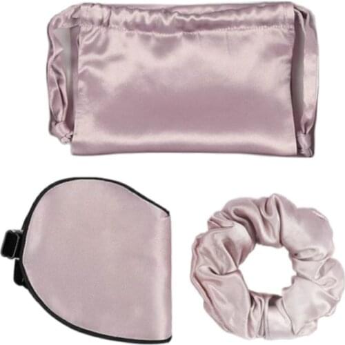3pcs Silk Travel Set Storage Bag Hair Care Soft Scrunchy And Adjustable Strap Soft Sleep Eyemask Blackout Eye Mask
