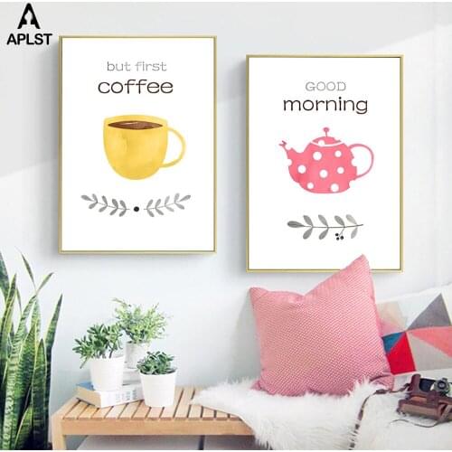 First Coffee Letters Prints and Posters Good Morning Teapot Canvas Wall Art Picture Painting for Kitchen Living Room Decoration