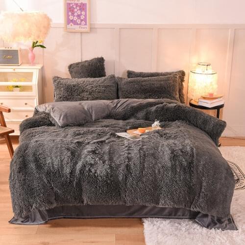 Luxury Pure Color Plush Shaggy Warm Faux Fur Bedding Set Mink Velvet Double-sided Duvet Cover Set Bed Skirt Pillowcase