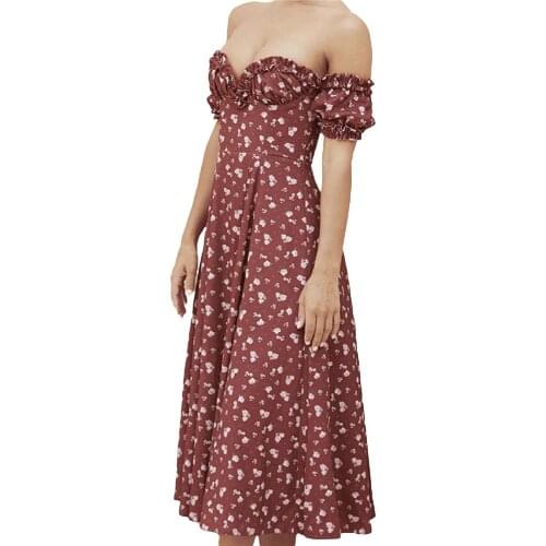 S-3XL Women Boheme Off-The-Shoulder Long Dress Casual Summer Floral Printed Short Sleeve Loose Beachdress Plus Size