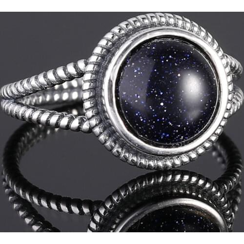 S925 Sterling Silver Rings 10MM Round Blue Sandstone Ring Womens Wedding Party Anniversary Fine Jewelry Ring Wholesale