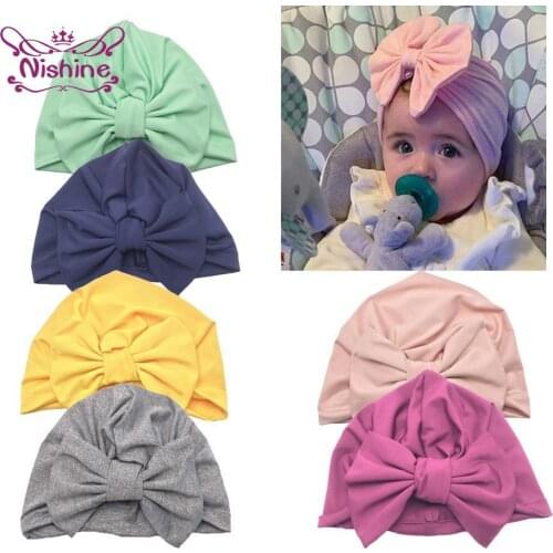 Nishine Solid Color Newborn Baby Girls Bowknot Hats Infant Toddler Elastic Beanie Caps Princess Headwear Kids Accessories