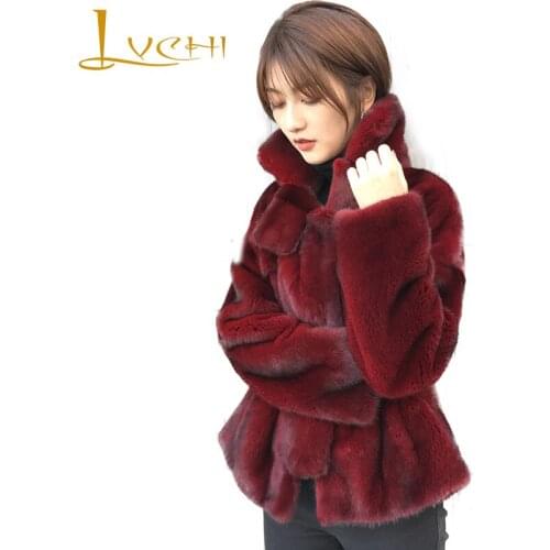 LVCHI Winter 2019 Import Swan Velvet Mink Coats Womens Natural Fur Coat Mandarin Collar Pocket Wine Red Causal Mink Fur Coats