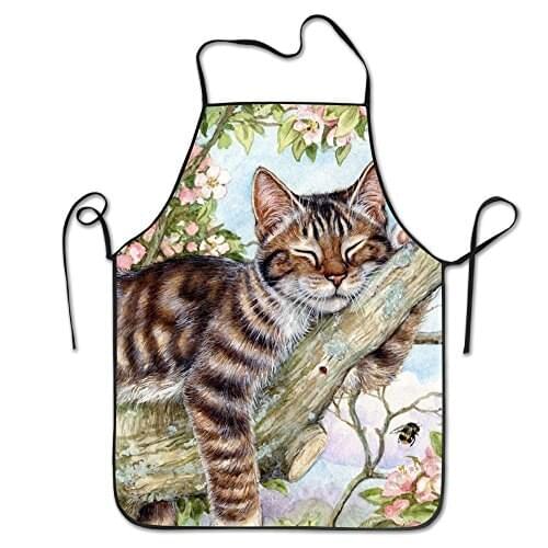 Cute Cat Sleeping on The Tree Cartoon Deluxe Aprons Personalized Kitchen Apron Baking BBQ Grilling Kitchen Cooking Aprons