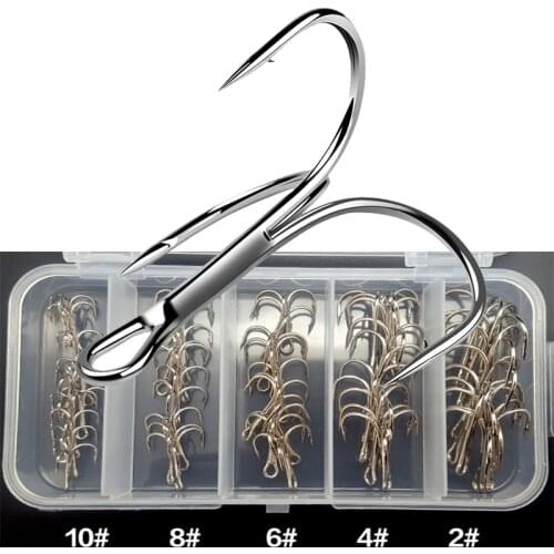 Brand New 50Pcs/lot Treble Fishing Hook In box High Carbon Steel Barbed Hooks Fishing Tackle Round Bend Silver Fish Hook