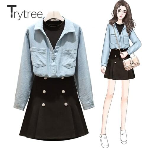 Trytree 2021 Spring Summer Two piece set Casual Pockets Shirt + A-line Mini Elastic Waist Skirt Office Lady Suit 2 Piece Set