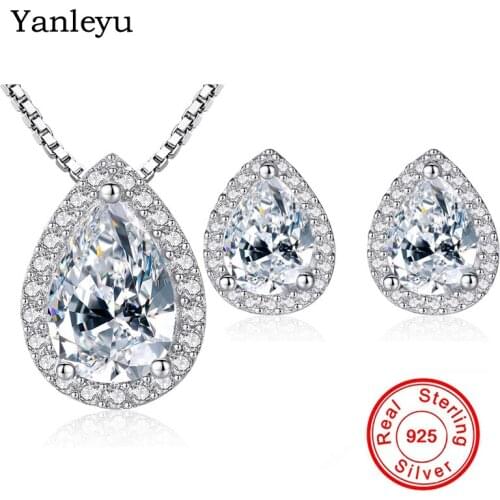 Yanleyu 100% 925 Sterling Silver Wedding Jewelry Sets for Women Water Drop AAA+ Cubic Zirconia Necklace Earrings Sets PS008
