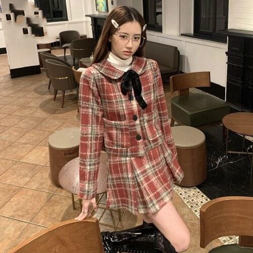 Women 2021 Autumn Plaid Bow Woolen 2pc Sets Female Elegant Korean Wool Jacket+Pleated Skirt Suit Lady Fashion Clothes