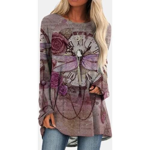 Women Long Sleeve Loose T-shirt Top O-neck Vintage Patchwork Dragonfly Rose Flower Printing Shirt All-match Girls T-shirt