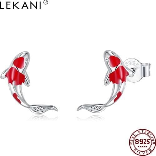 LEKANI Fish Red Enamel Stud Earrings For Women Real 925 Sterling Silver Lucky Ear Studs Trendy Silver Jewelry Girls Party Gift