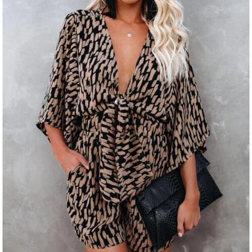 2021 Autumn New Fashion Women Loose Style Overalls Rompers Leopard Print Deep V-neck Batwing Sleeves High Street Wear Playsuits