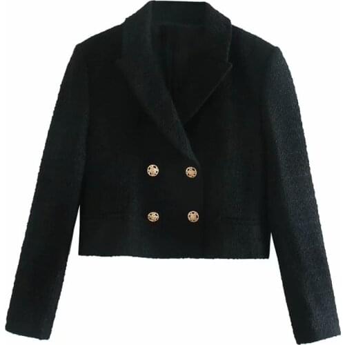 Elegant Women Woollen Blazer 2021 Fashion Office Ladies Double Breasted Short Jacket Sweet Female Causal Suit Chic Girl Sets