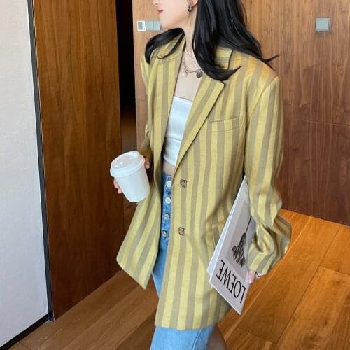 Vintage Yellow Stripes Blazers Loose Mid-length Turndown Collar Long Sleeve Casual Women Suit Jacket 2021 Spring Autumn Fashion
